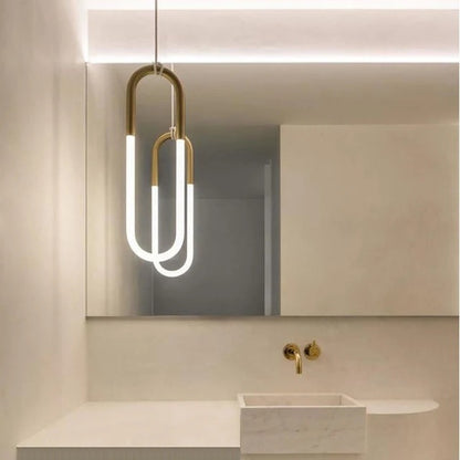 Gold-colored pendant lamp with two U-shaped glass elements