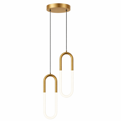 Gold-colored pendant lamp with two U-shaped glass elements
