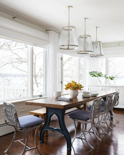 Metal pendant lamp with tapered glass shade and chain
