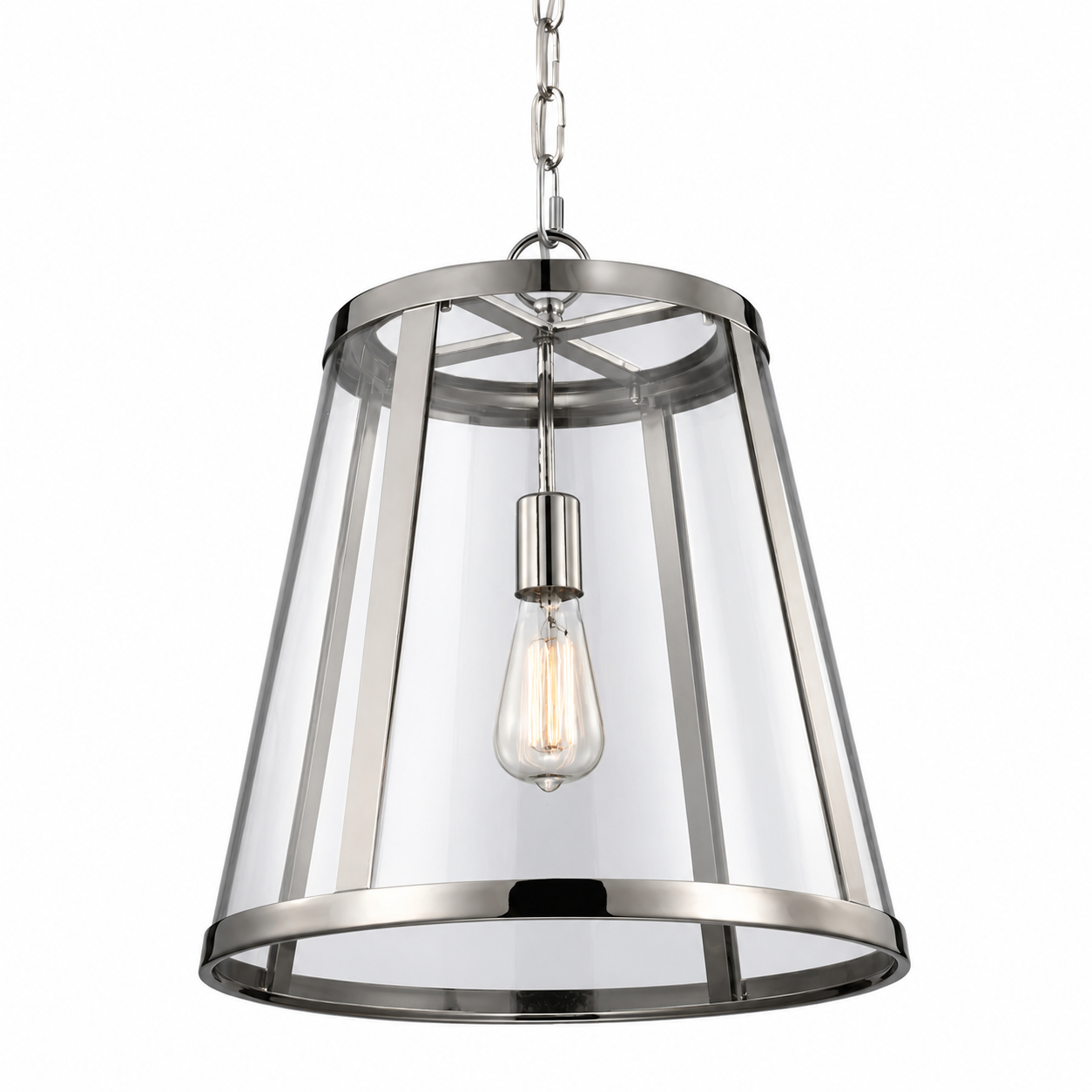 Metal pendant lamp with tapered glass shade and chain
