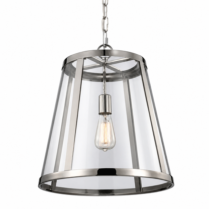 Metal pendant lamp with tapered glass shade and chain