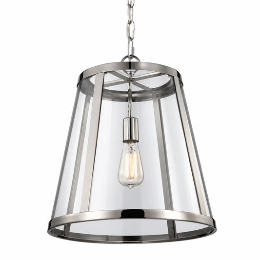 Metal pendant lamp with tapered glass shade and chain