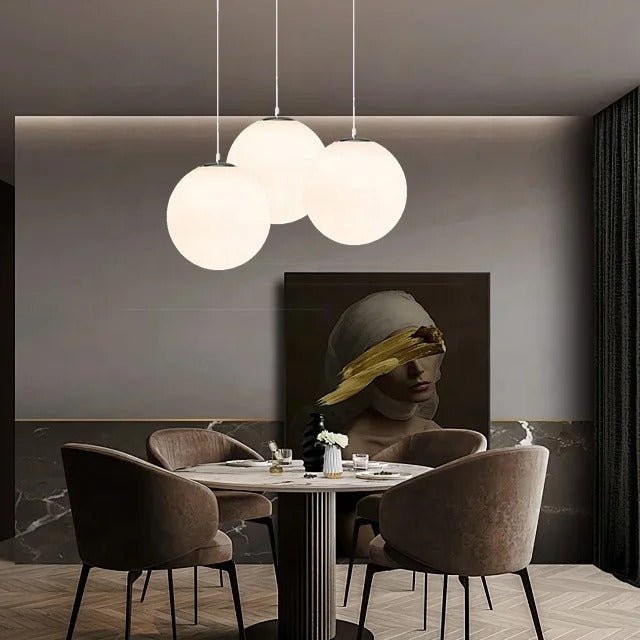 White pendant lamp with spherical frosted glass shade