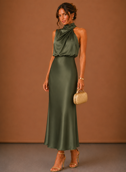Women's Satin Halter Maxi Dress - Elegant Wedding Guest Gown 1