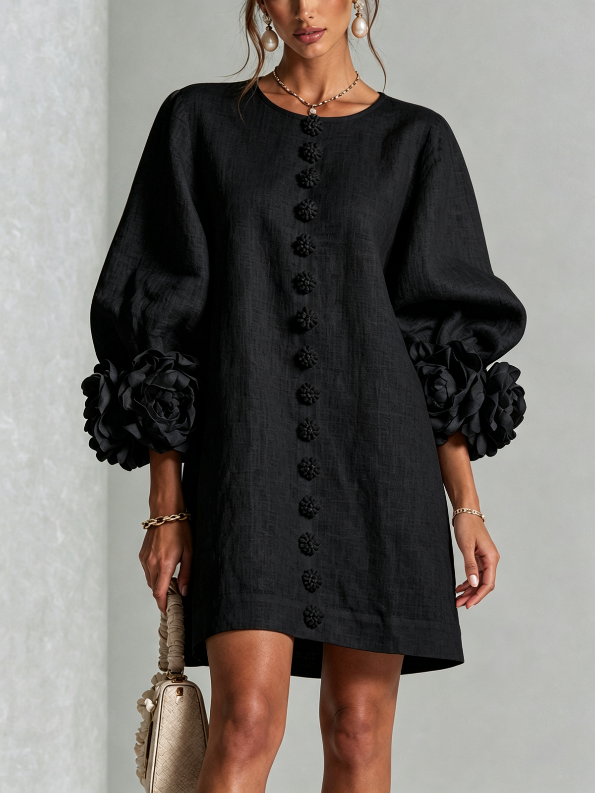 Linen Blend Shirt Dress with Rosette Trim Sleeves 21