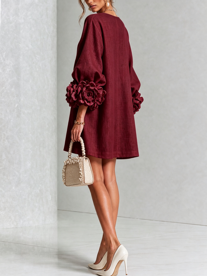 Linen Blend Shirt Dress with Rosette Trim Sleeves 40