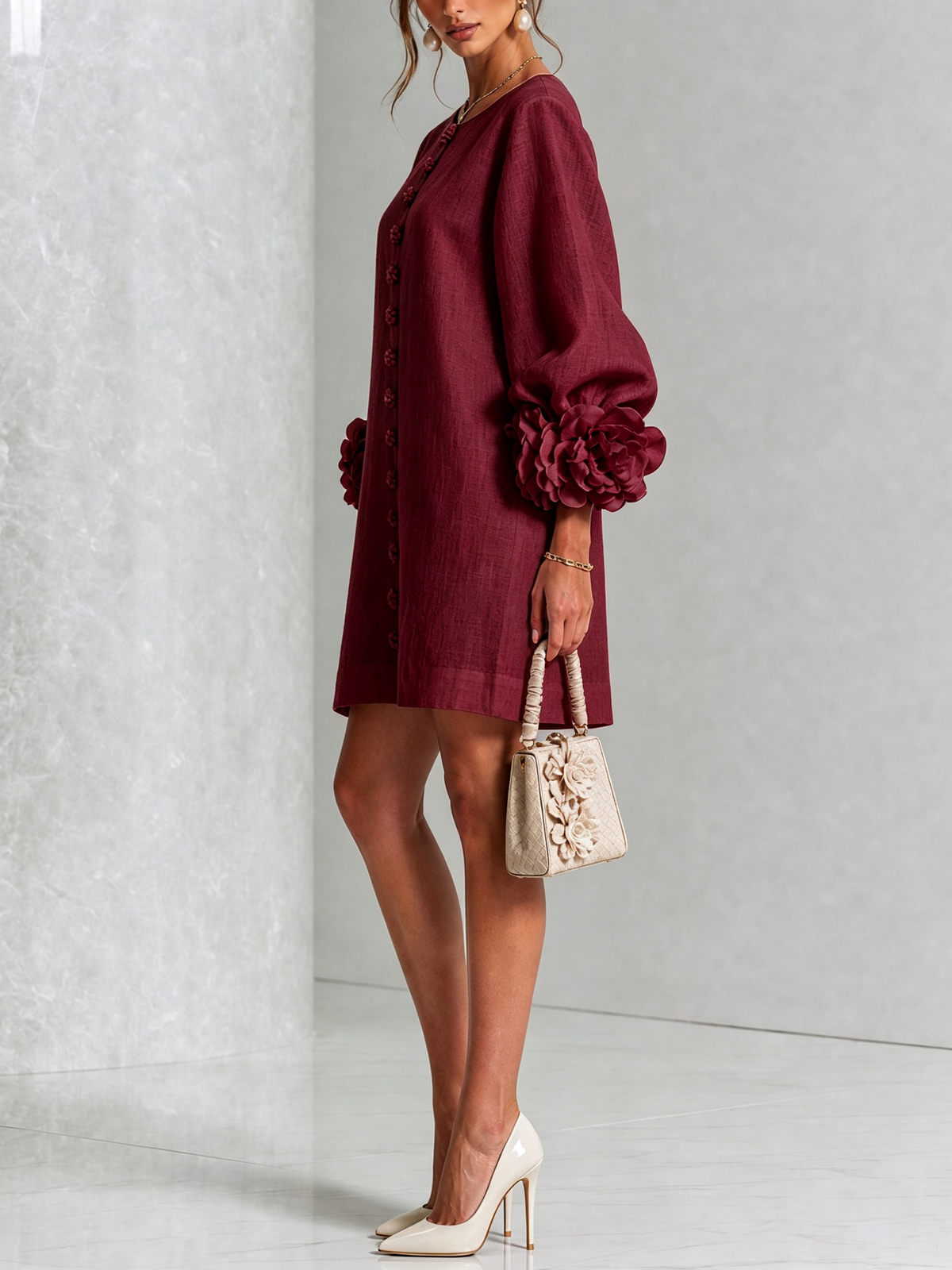 Linen Blend Shirt Dress with Rosette Trim Sleeves 39