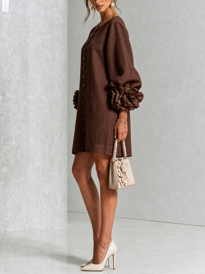 Linen Blend Shirt Dress with Rosette Trim Sleeves 32
