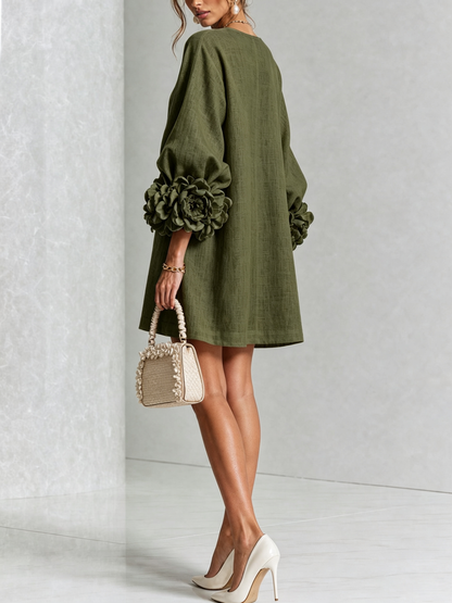 Linen Blend Shirt Dress with Rosette Trim Sleeves 18
