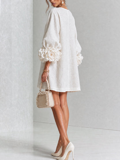 Linen Blend Shirt Dress with Rosette Trim Sleeves 14