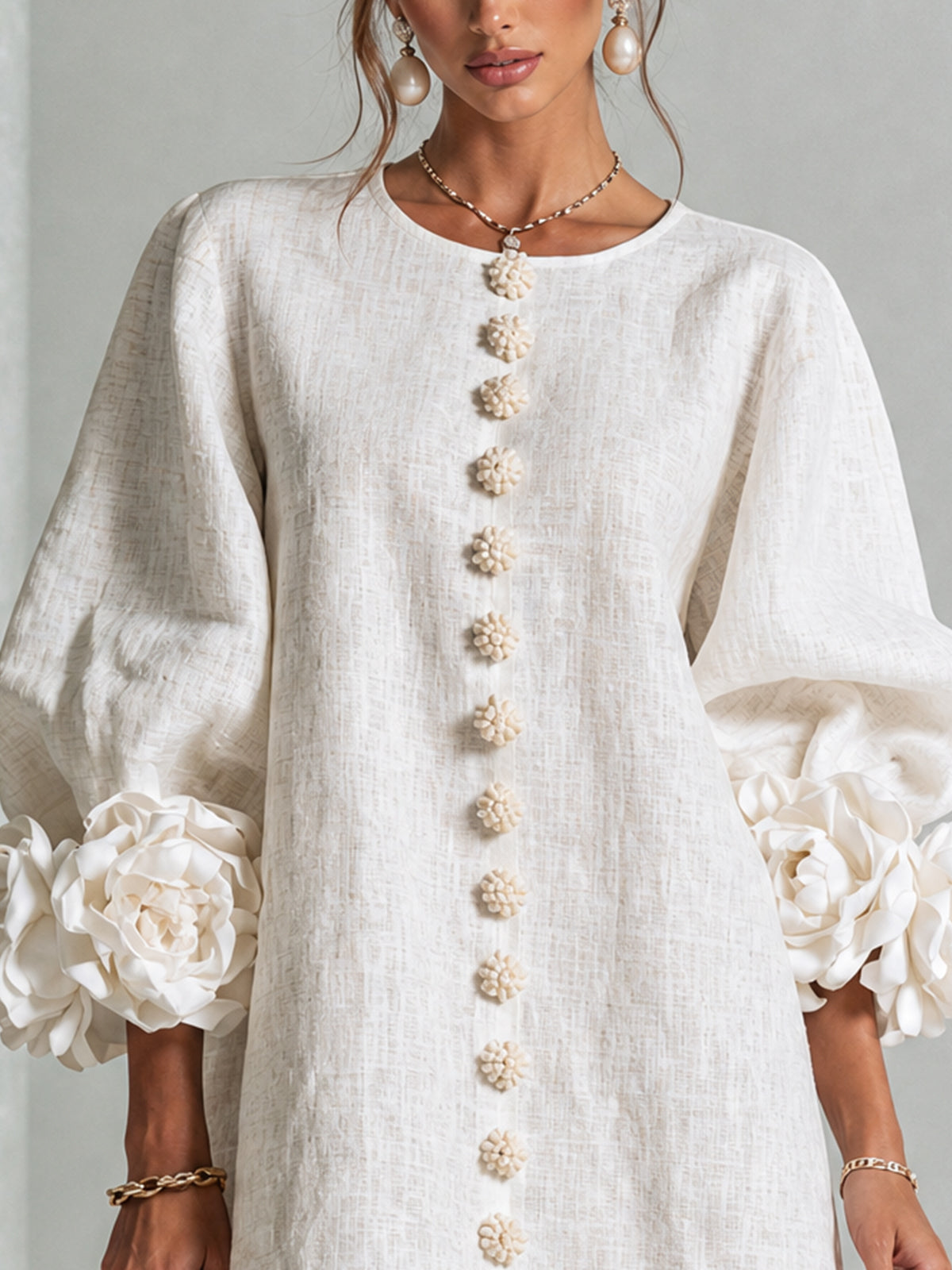 Linen Blend Shirt Dress with Rosette Trim Sleeves 15